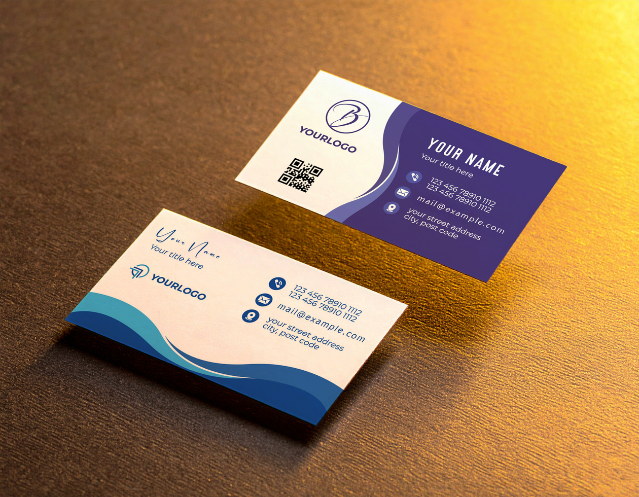 Two Business Cards Mock Up on Dark Brown Surface Golden Light psd