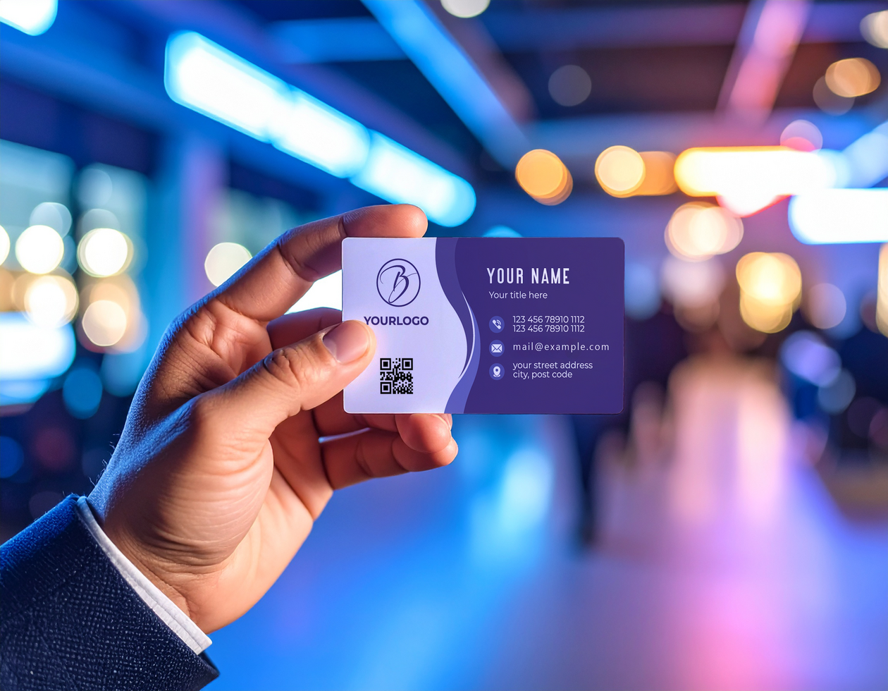 Suit Hand Holding Biz Card Mockup Colorful Bokeh Lights Background psd