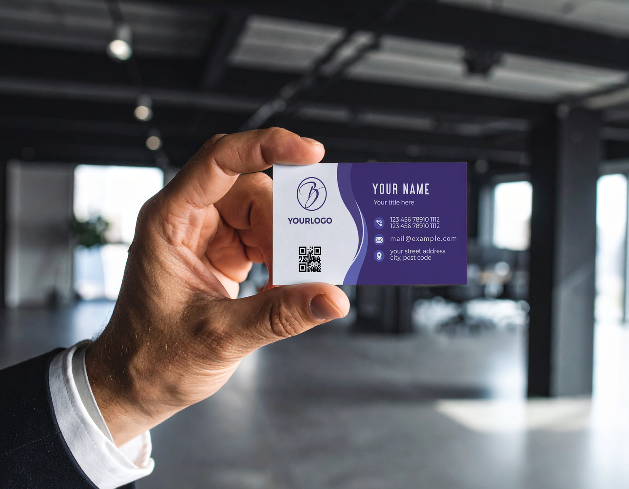 Man Hand Name Card Mockup Modern Office Large Windows psd
