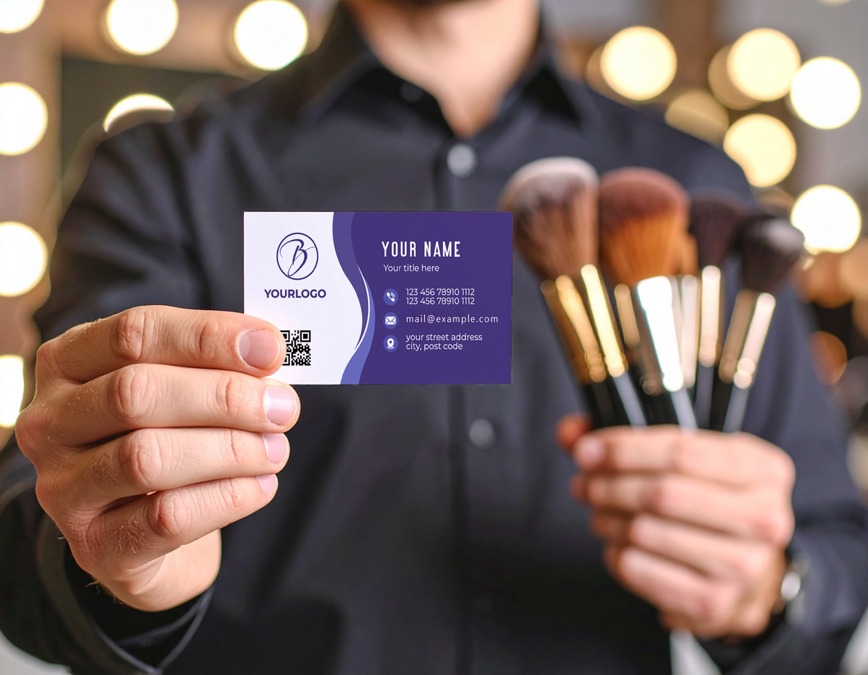 Makeup Artist Hand Business Card Mock Up with Brushes psd