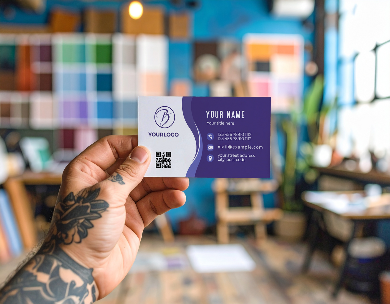 Hand Tattoo Name Card Mockup Colorful Workshop Studio Background psd