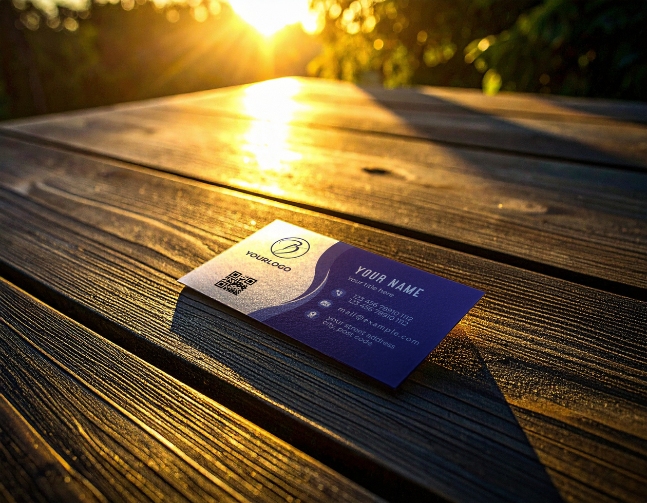 Business Card Mockup Template Dark Wood Table Setting Sun psd