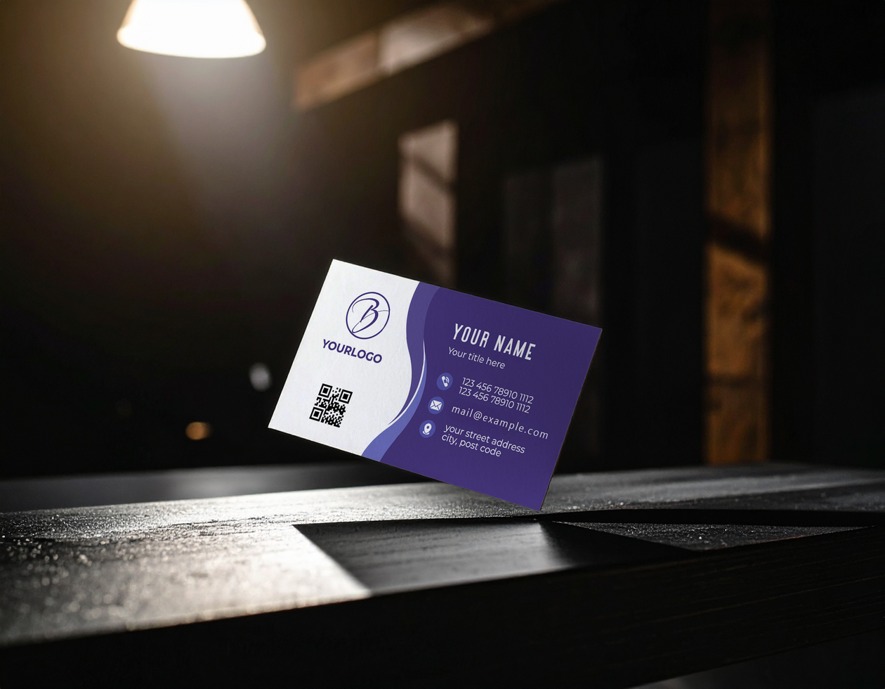 Card Mockup Template Dark Wooden Surface Soft Illumination psd