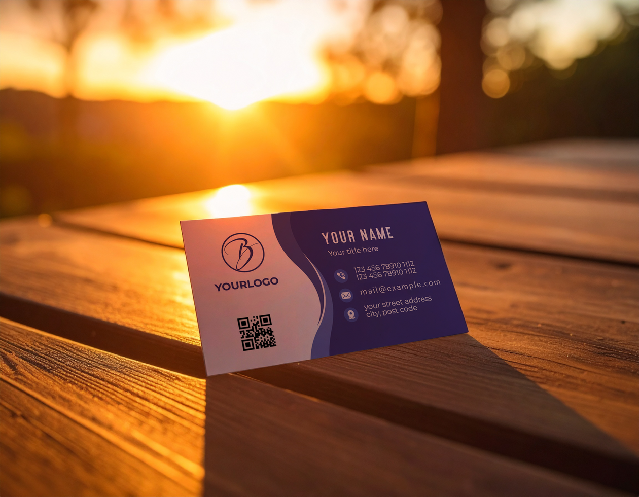 Business Card Mock Up Wooden Table Sunset Golden Light psd