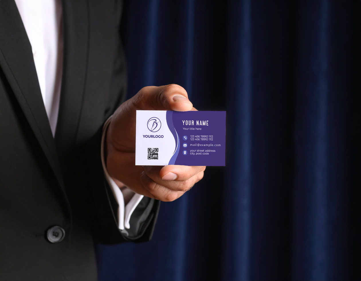 Person Black Suit Business Card Mockup Template Dark Blue Curtain psd