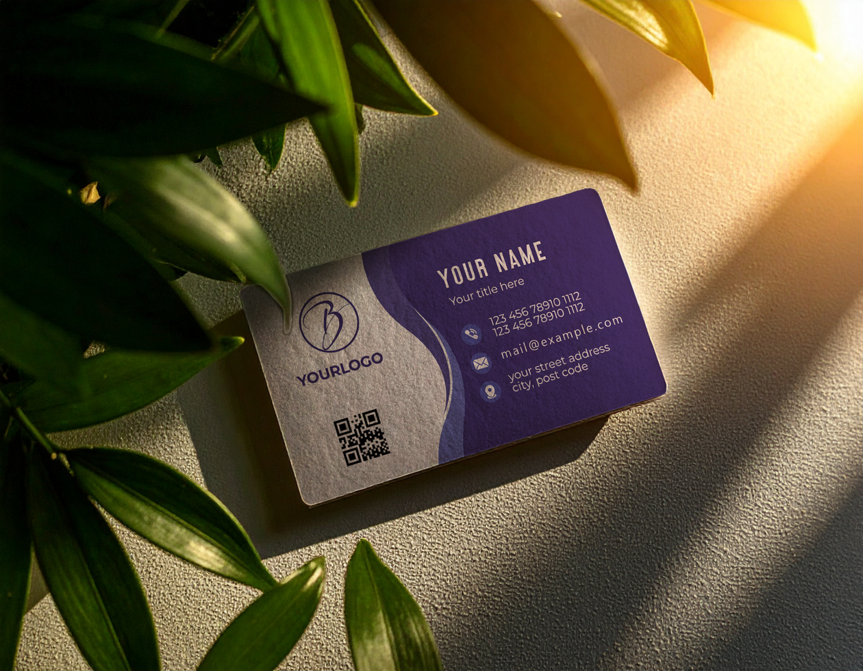 Business Card Mock Up Beige Surface Green Leaves Natural Light psd