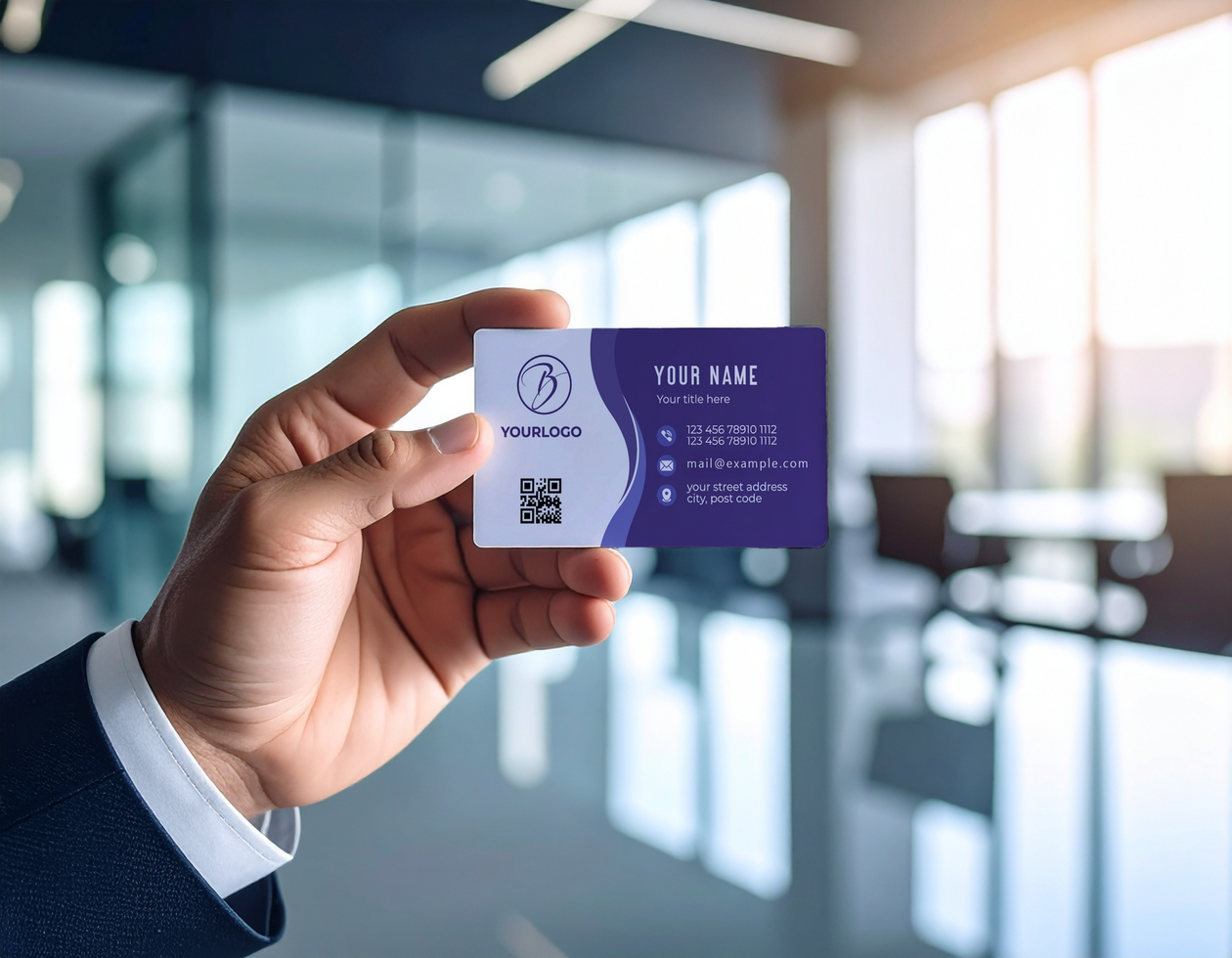 Business Suit Person Holding Name Card Mockup Office Background psd