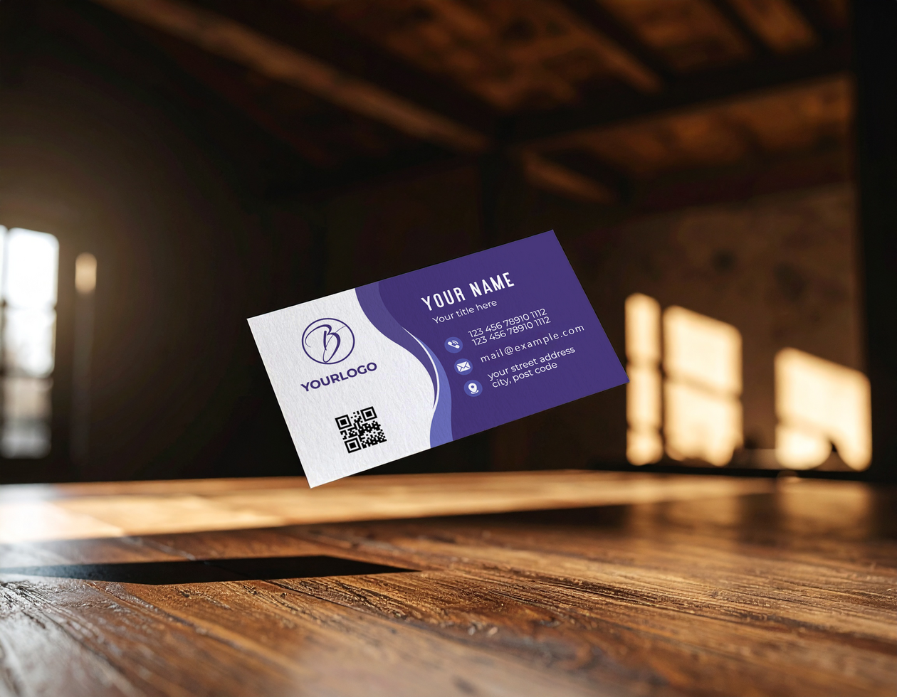 Business Card Mockup Rustic Wooden Table Sunlit Loft psd