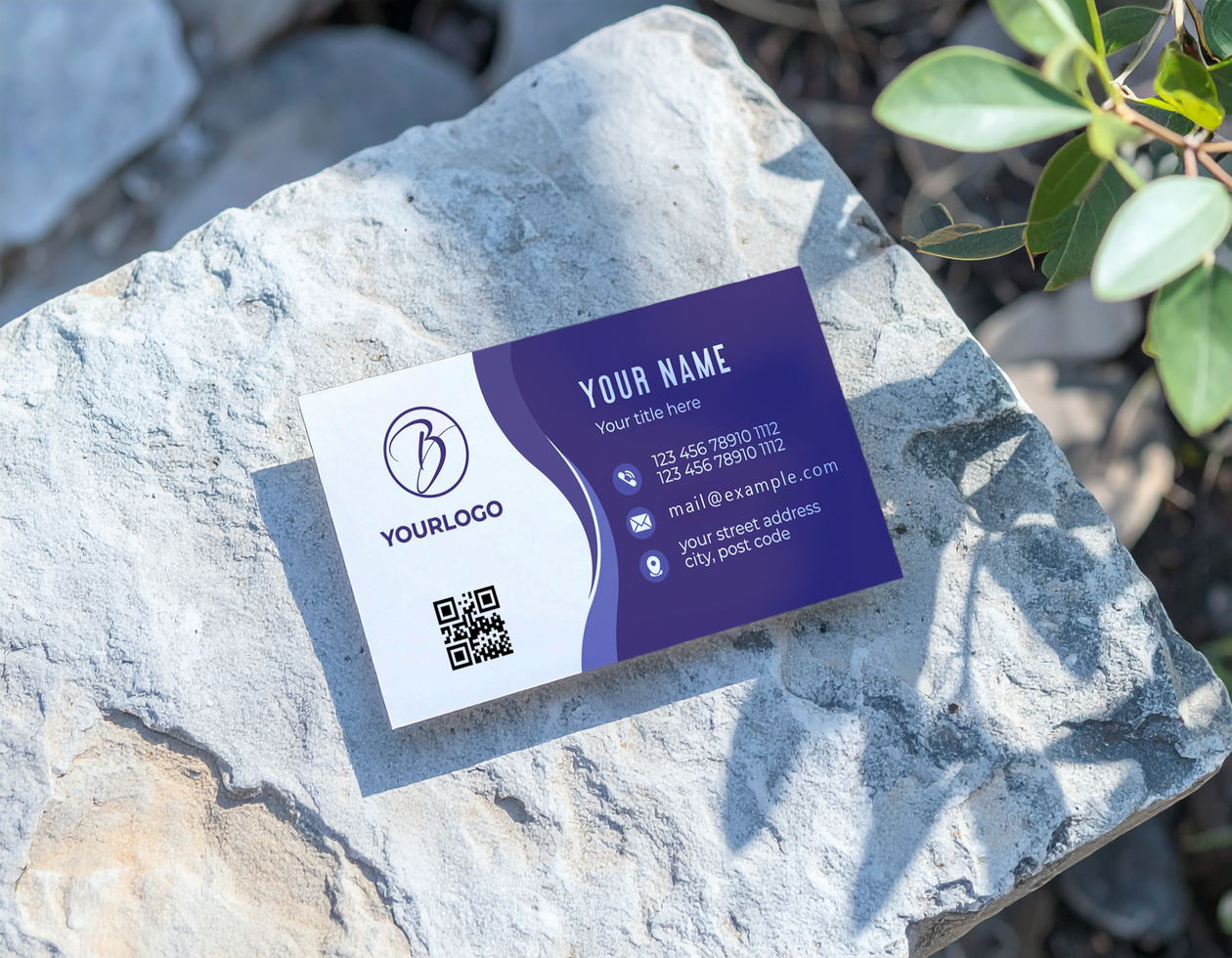Business Card Mockup Template Gray Stone Surface Tree Leaves psd