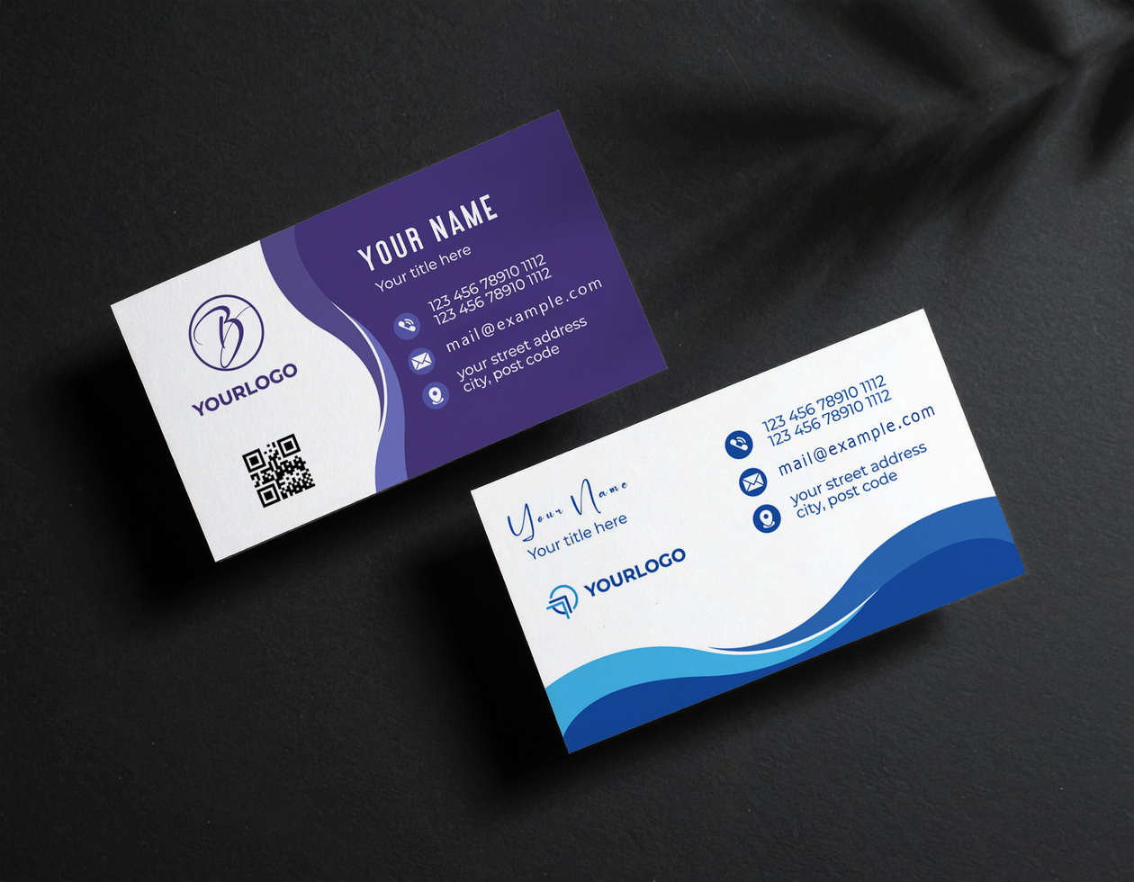 Two Business Cards Mockup Dark Gray Surface High Angle psd