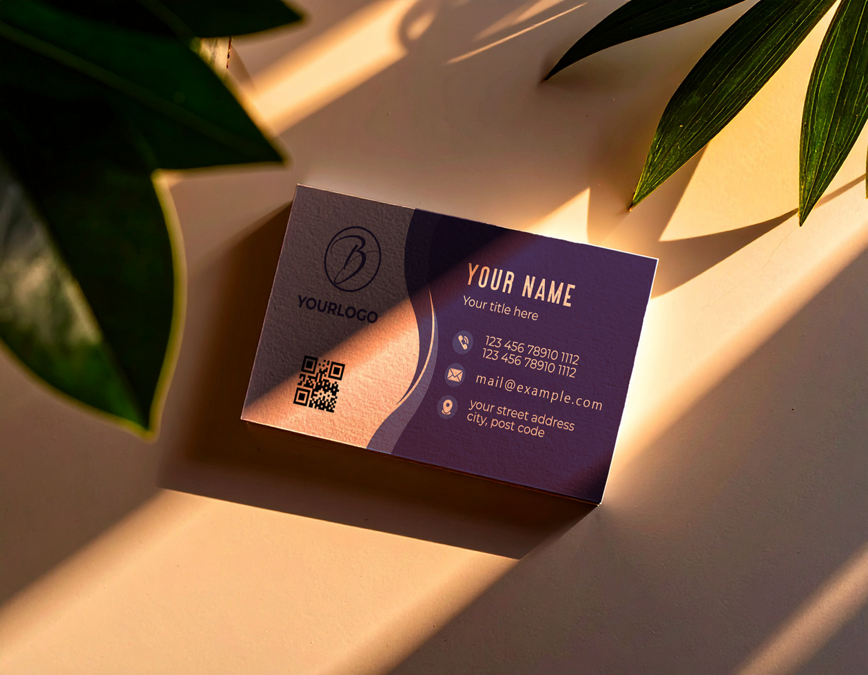 Off Biz Card Mockup Beige Background Green Leaves Sunlight psd