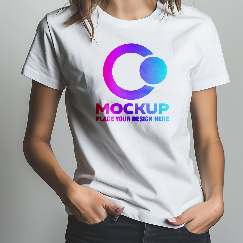 white t shirt mockup on female model front view for design showcase and branding preview psd