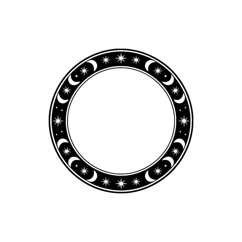 Celestial Circle Ornament Moon and Star Black on White vector