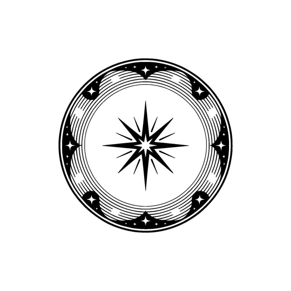 Celestial Starburst Emblem, Vintage Style, Circular vector