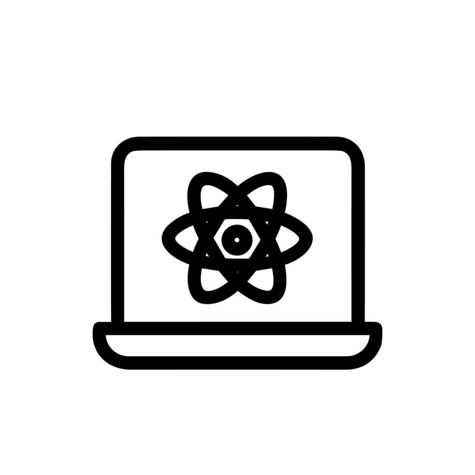 Outline Minimalist Laptop Computer with Atom Symbol for Science and Technology Icon vector