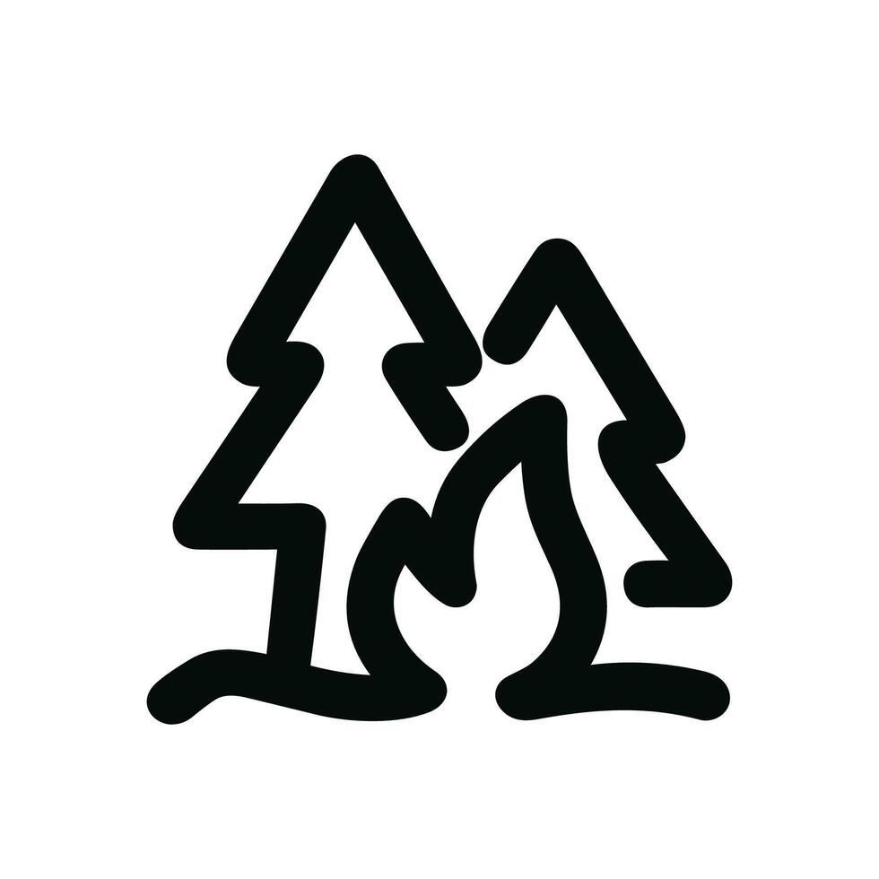 Minimalist Line Art Bonfire in Forest with Evergreen Trees Illustration Icon vector