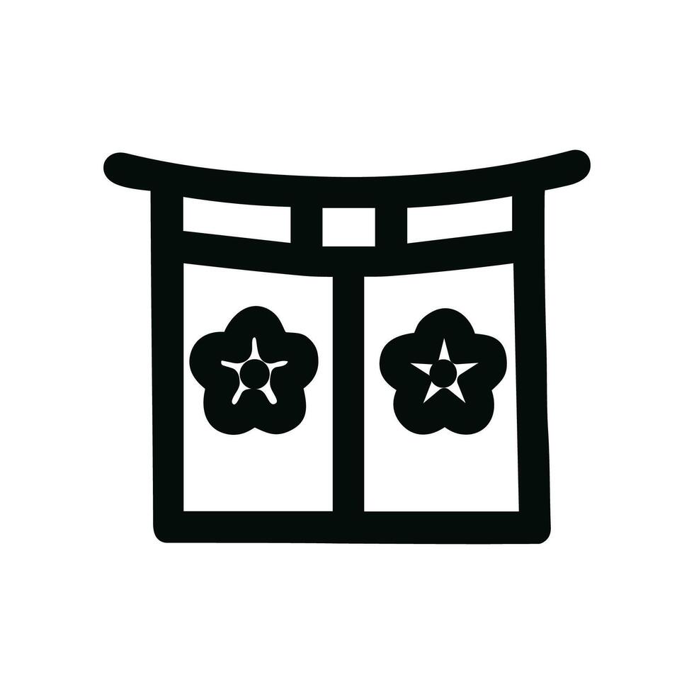 Minimalist Line Art Japanese Noren Curtain Entrance with Floral Emblem Icon vector