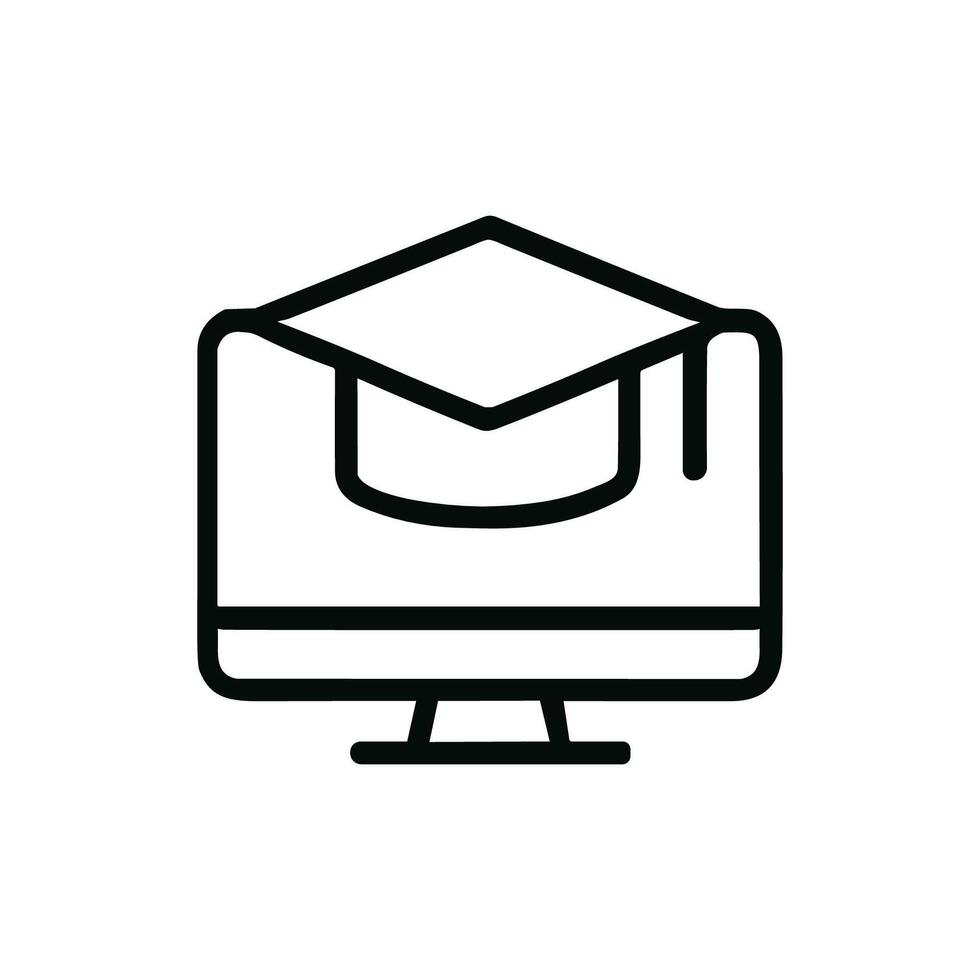 Simple Line Computer with Graduation Cap Educational Online Learning Icon vector