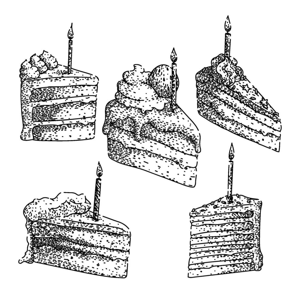birthday cake piece set sketch hand drawn element vector