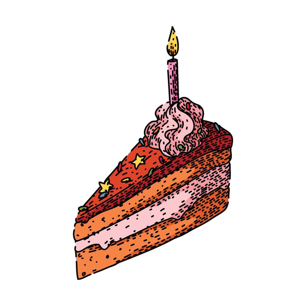 candle birthday cake piece sketch hand drawn element vector
