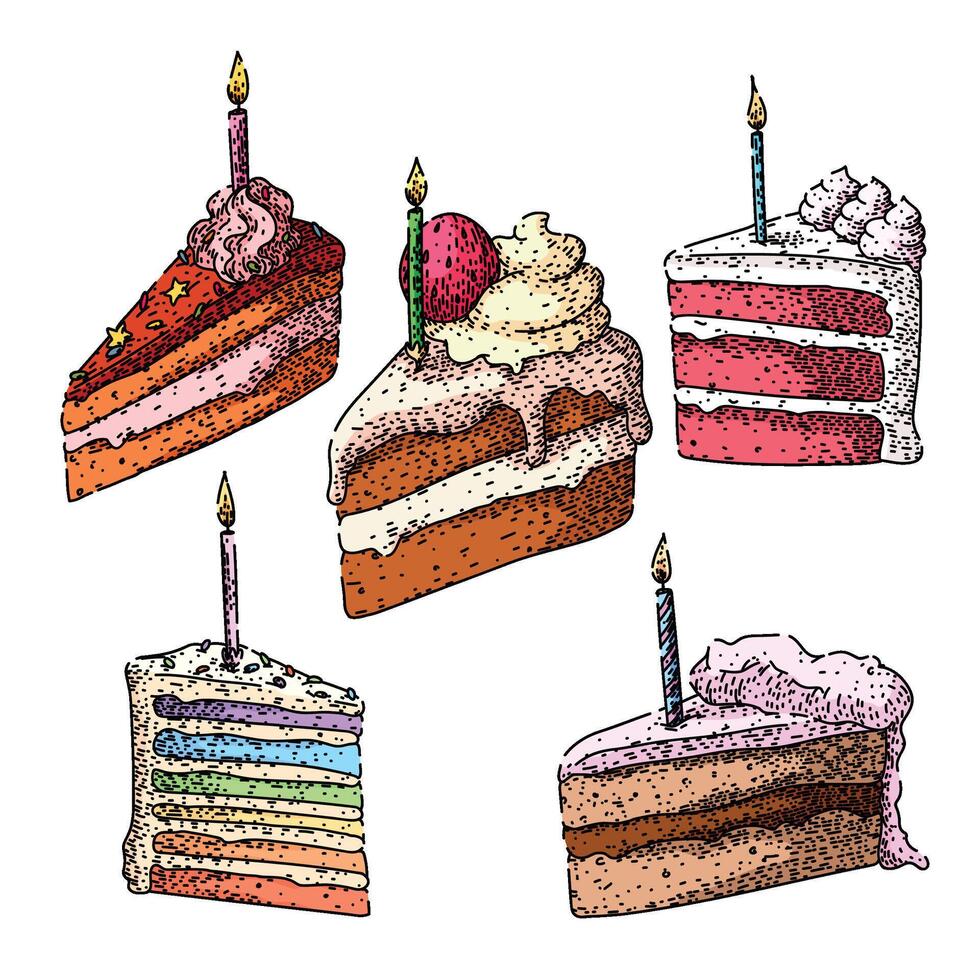 birthday cake piece set sketch hand drawn item vector