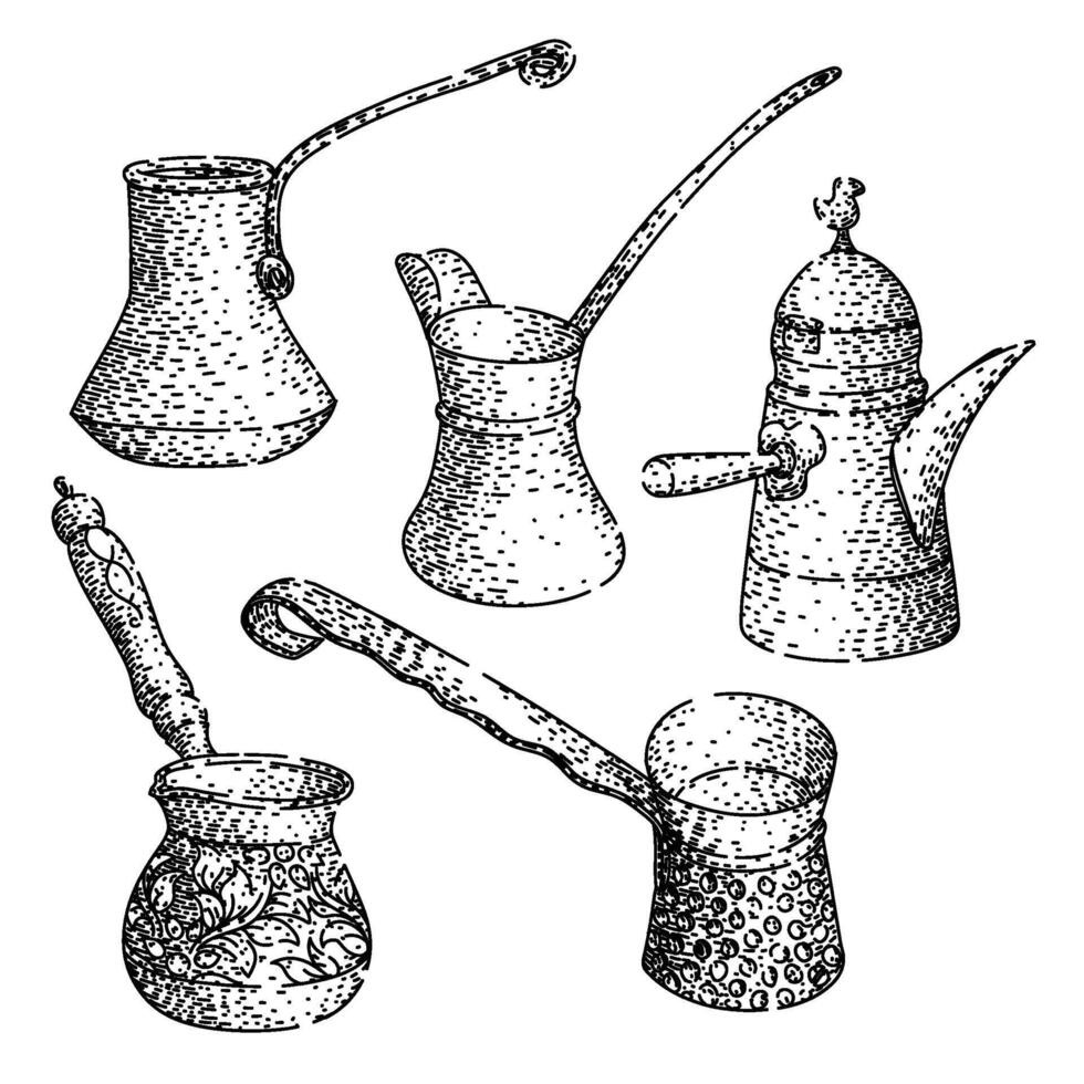 cezve turkish coffee set sketch hand drawn black vector
