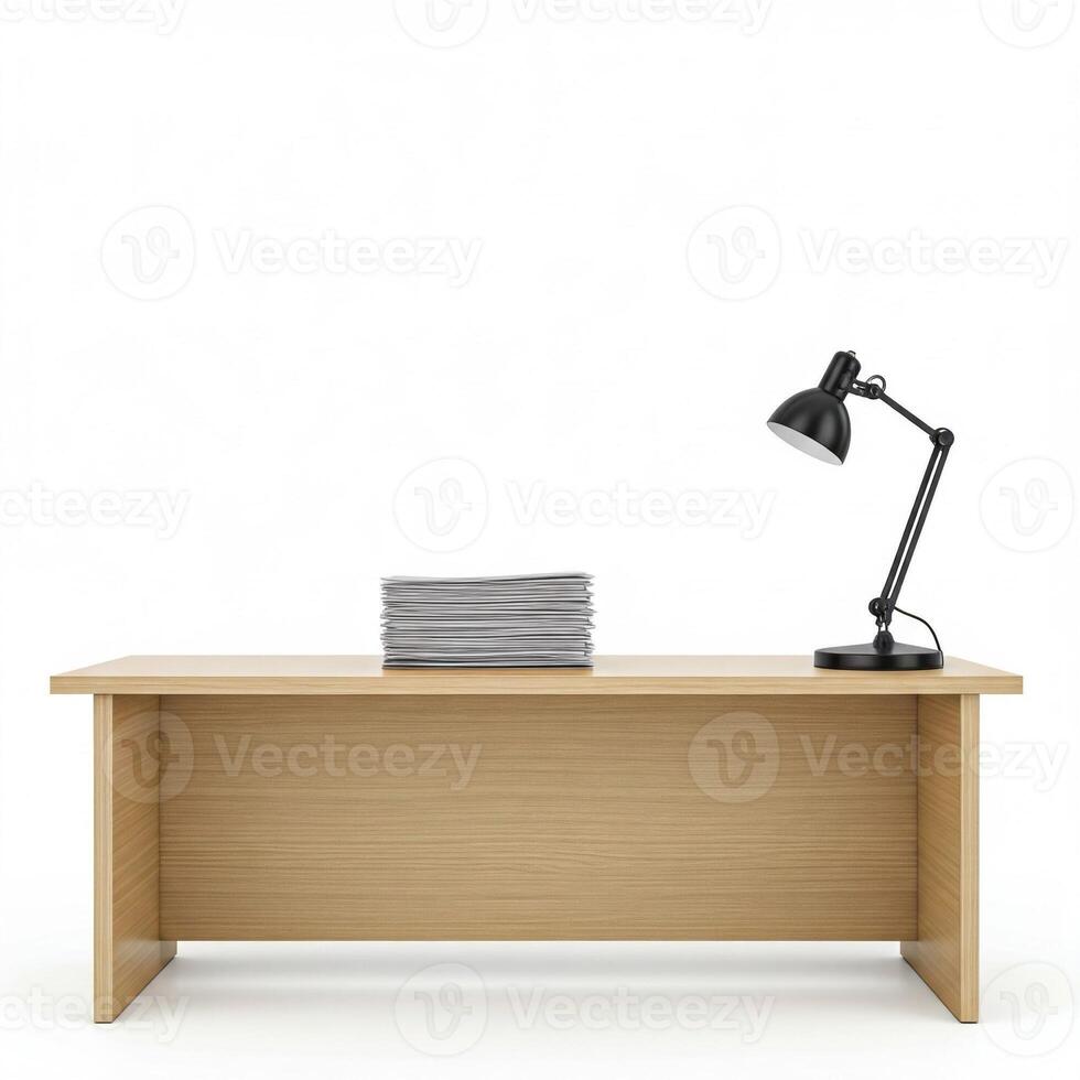 A desk with a lamp and a large stack of paper work isolated on white photo