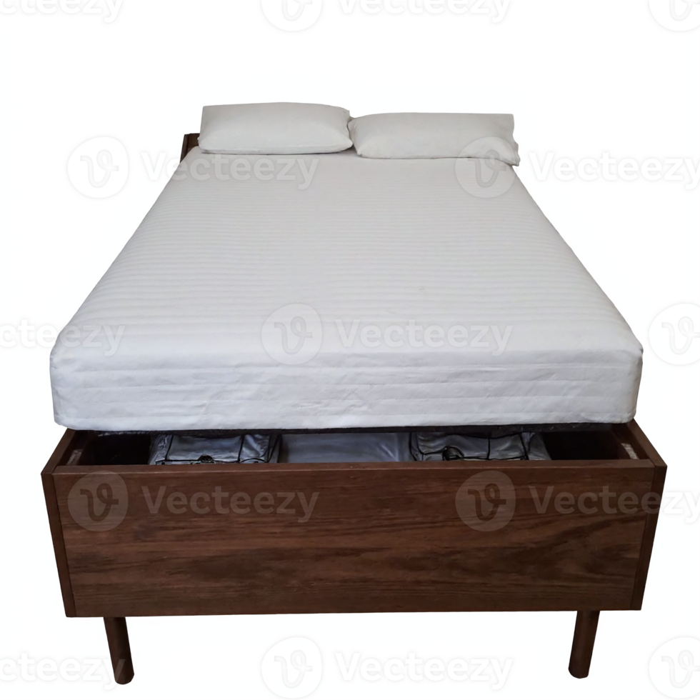 Modern Wooden Storage Bed with White Mattress and Pillows Clipping Path Transparent Background png