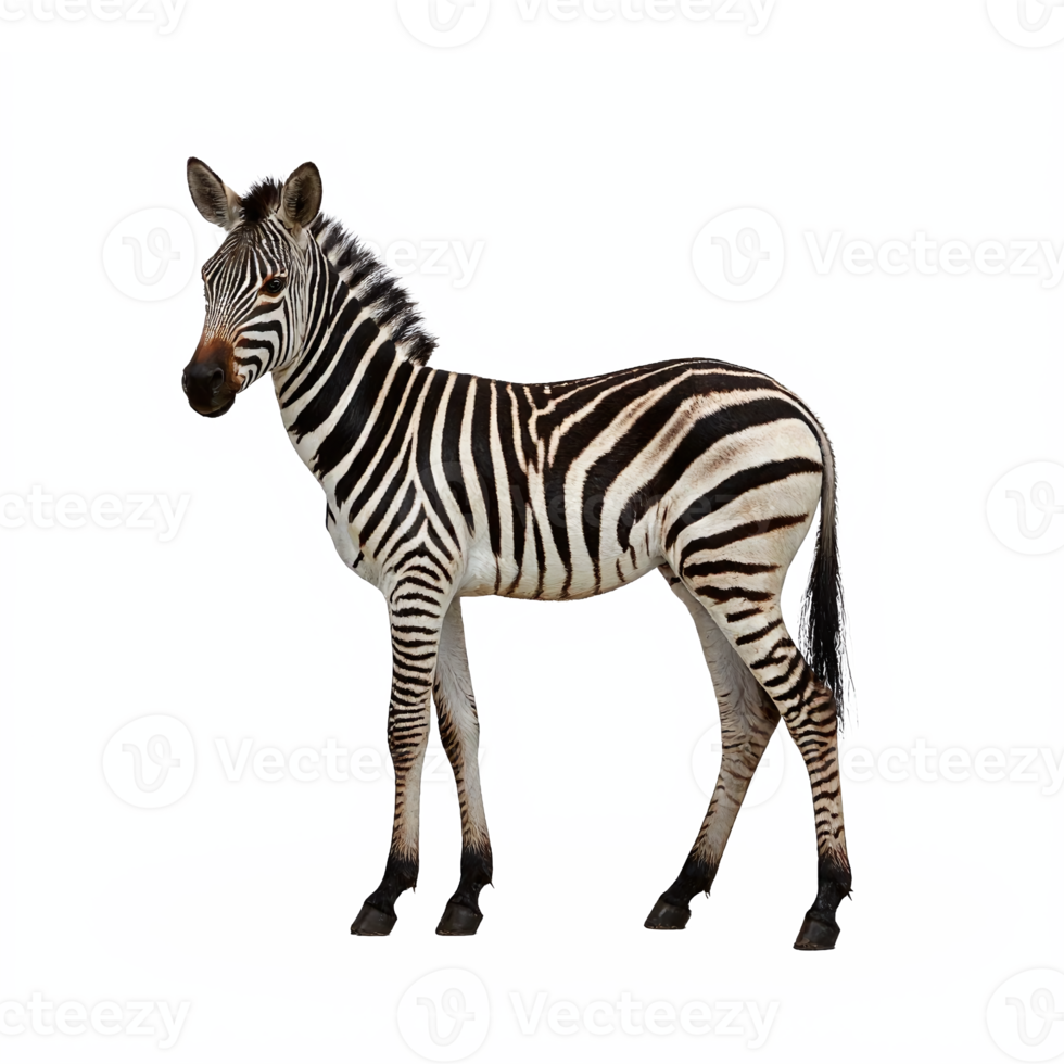 Zebra Standing Side View with Black and White Striped Pattern Isolated Transparent Background Clipping Path png