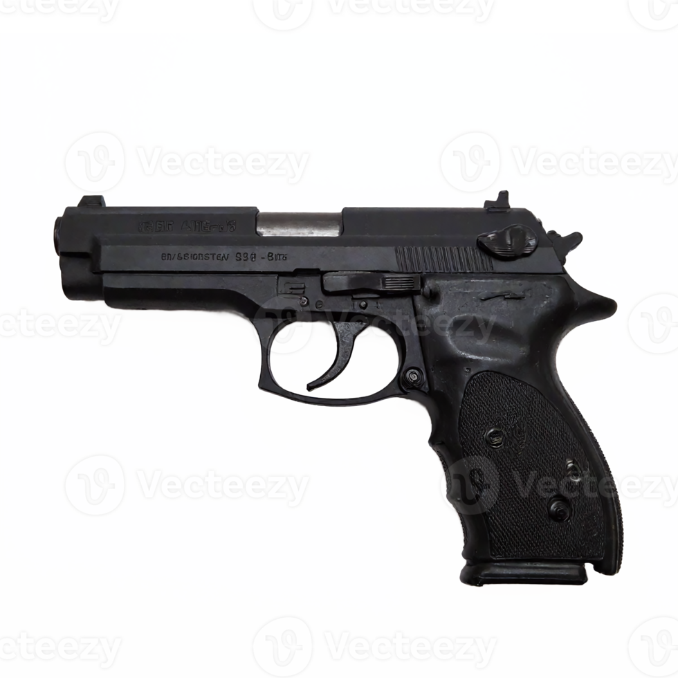 Black Handgun Side View Semi Automatic Pistol with Textured Grip Transparent Background png