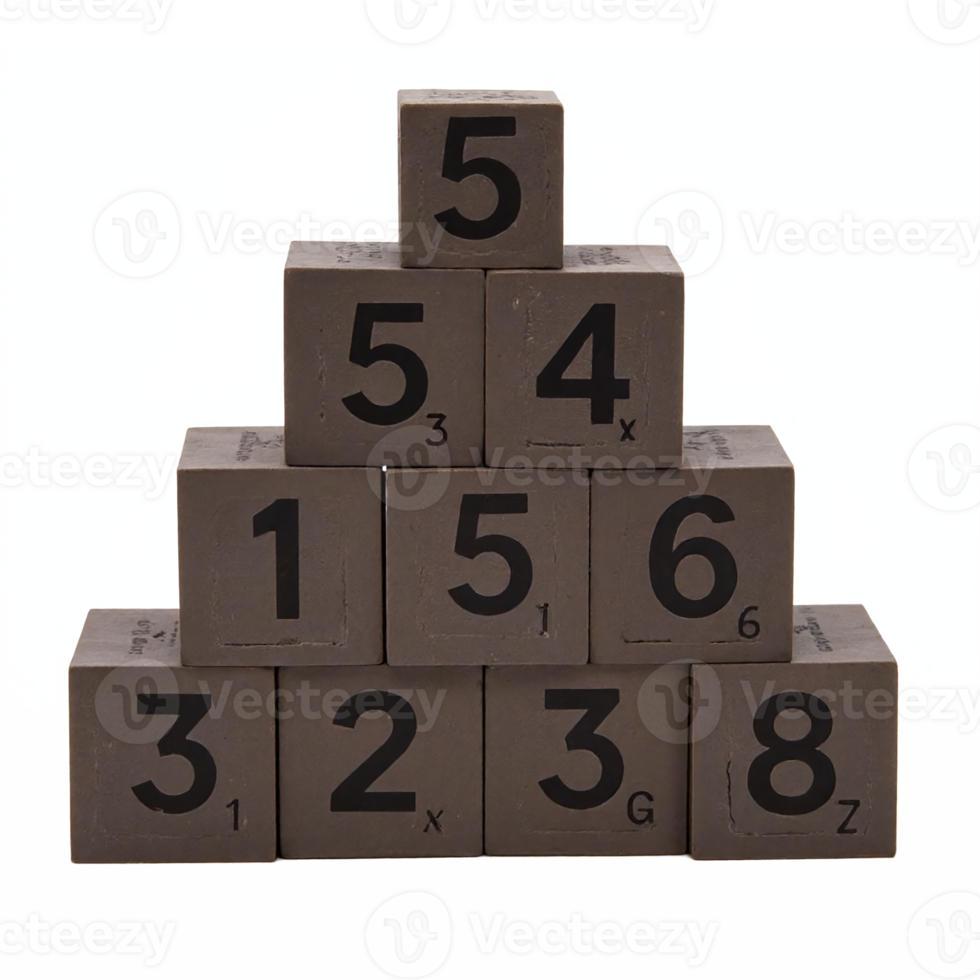 Stacked Cubes with Black Numbers and Letters on Brown Blocks Transparent Clipping Path png