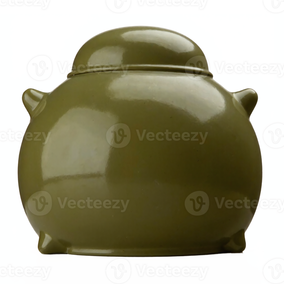 Clay Green Pot with Lid Wide Round Shape and Small Handles Transparent Background png
