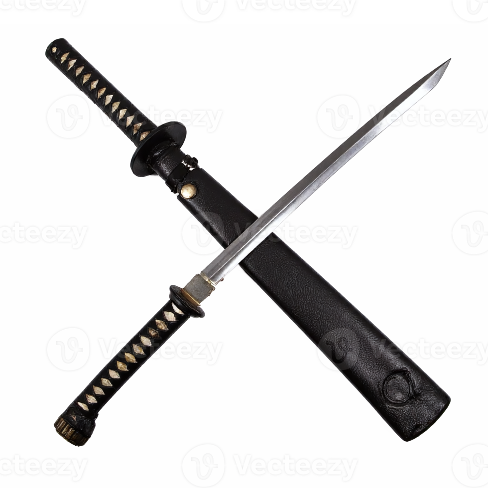 Japanese Samurai Sword Katana Sharp Steel Blade with Black Handle and Sheath Transparent Background png