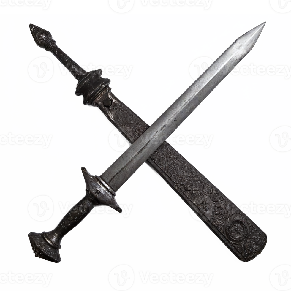 Ancient Iron Sword with Ornate Pommel and Scabbard Detailed Design Transparent Background png