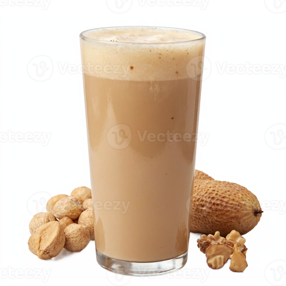 Peanut Milk Smoothie with Foam in Glass and Whole Peanuts Transparent Clipping Path png