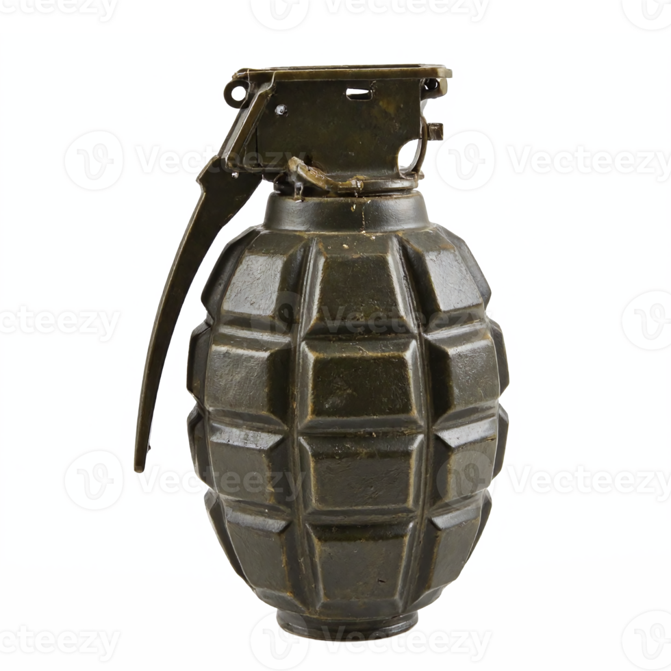 Black Military Grenade with Safety Lever Detailed Closeup on Transparent Background Clipping Path png