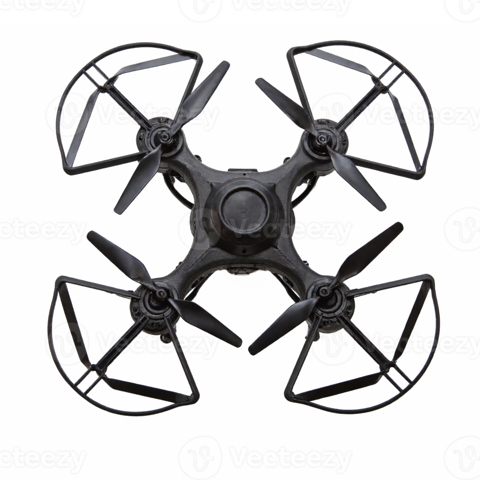 Black Quadcopter Drone with Protective Propeller Guards and Transparent Background Clipping Path png