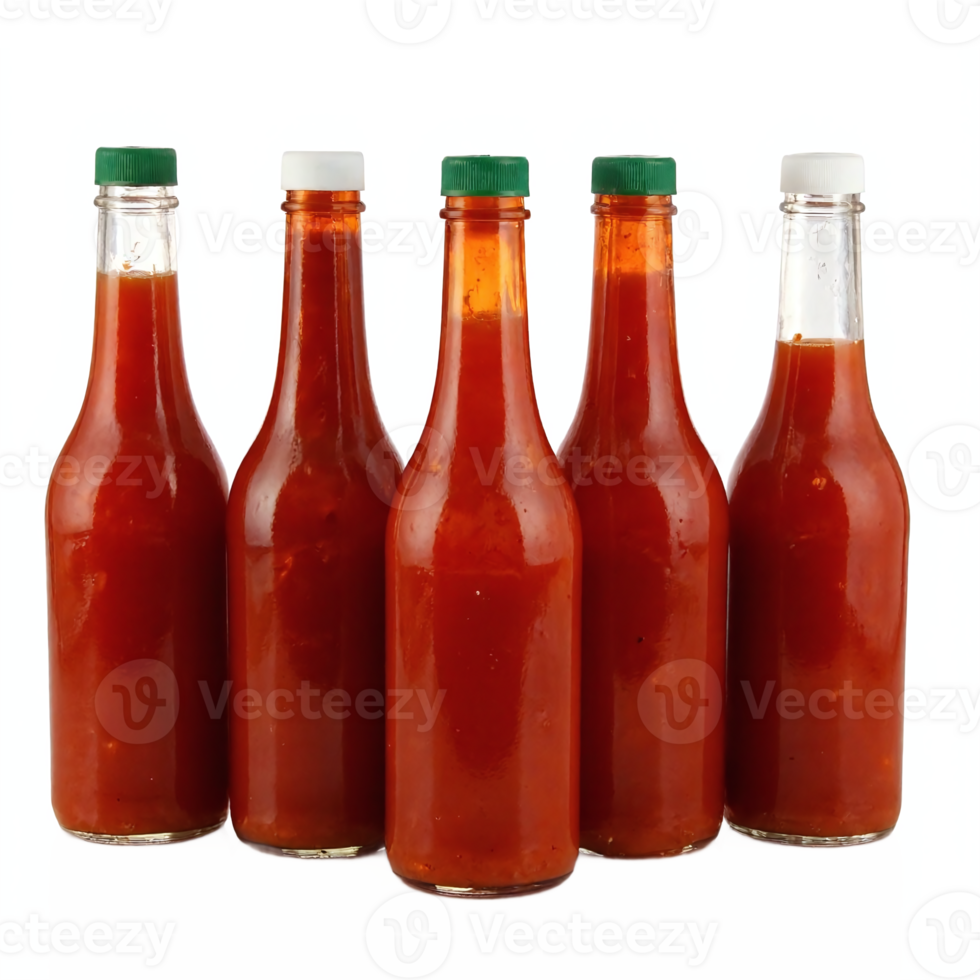 Hot Sauce Bottles Filled with Spicy Red Sauce Green and White Caps Transparent Background Clipping Path png