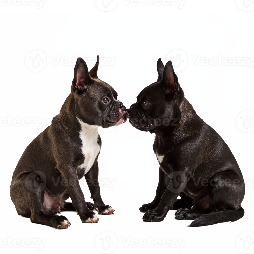 Two Cute French Bulldog Puppies Sitting Facing Each Other With Transparent Background Clipping Path png