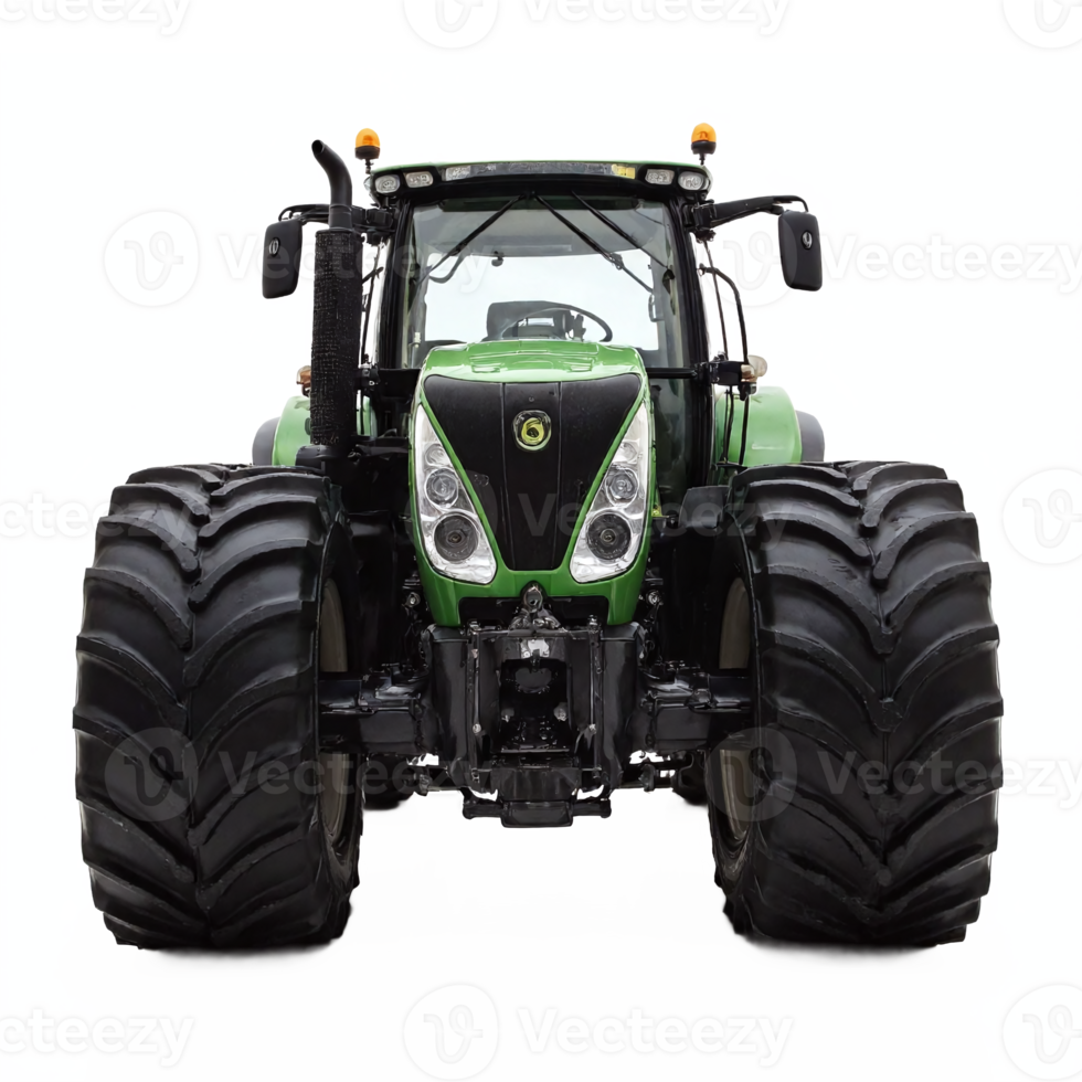 Green Agricultural Tractor Front View with Large Tires and Transparent Background Clipping Path png