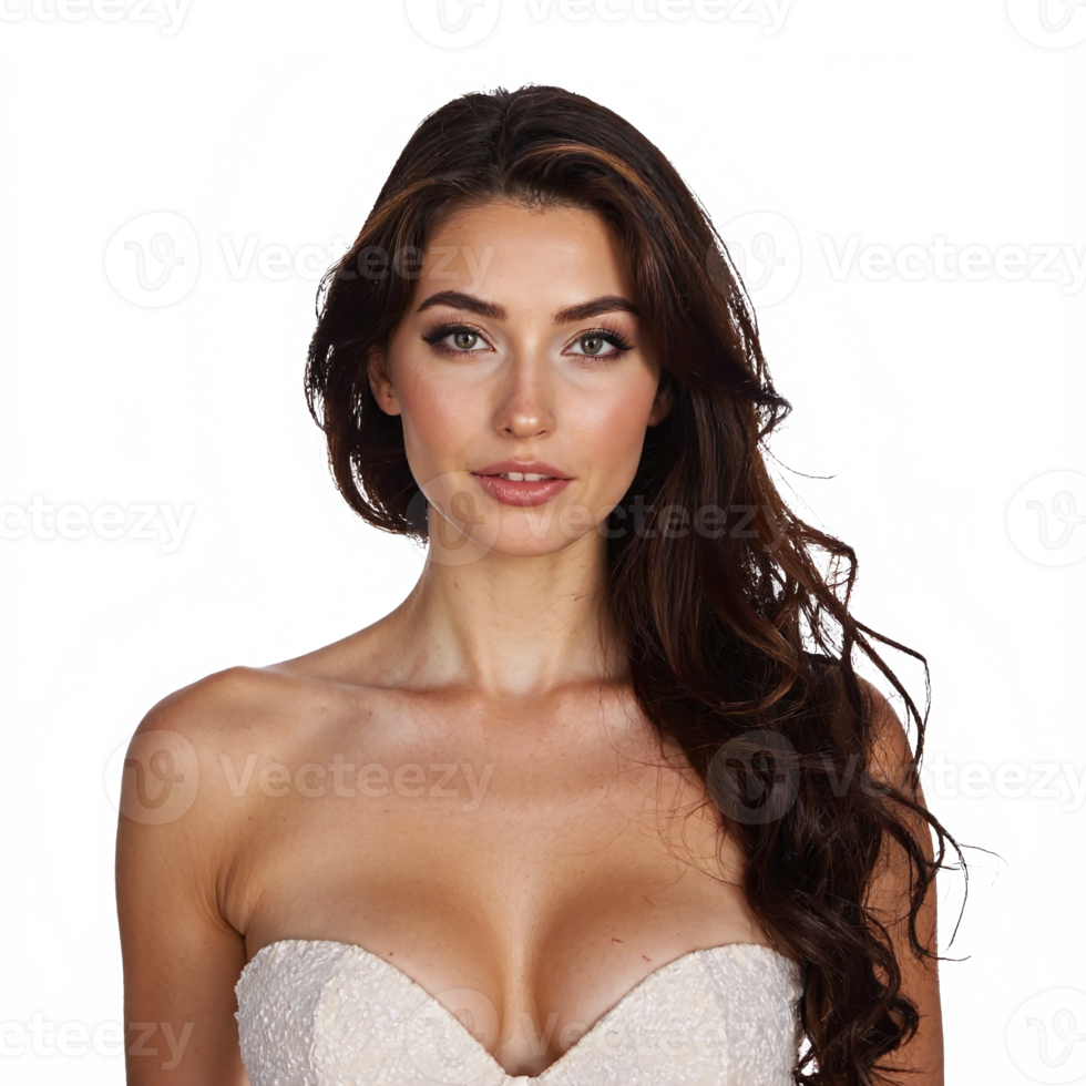 Beautiful Young Woman with Long Brown Hair in Strapless Dress Transparent Background Clipping Path png