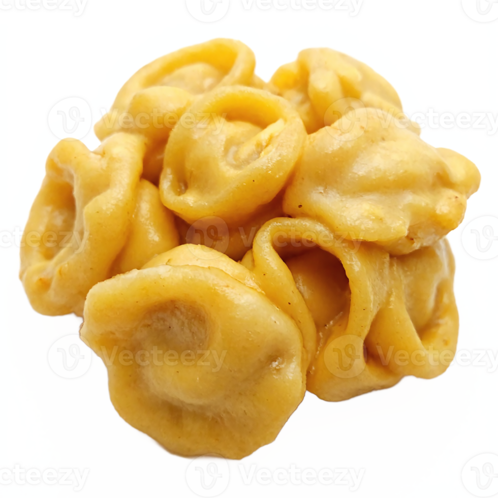 Closeup of cooked tortellini pasta with transparent background clipping path isolated png