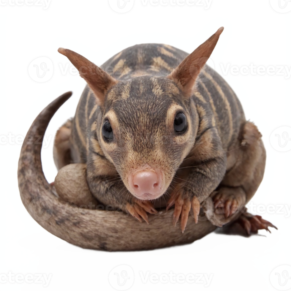 Close up of a small striped marsupial with large eyes curled tail isolated on transparent background clipping path png