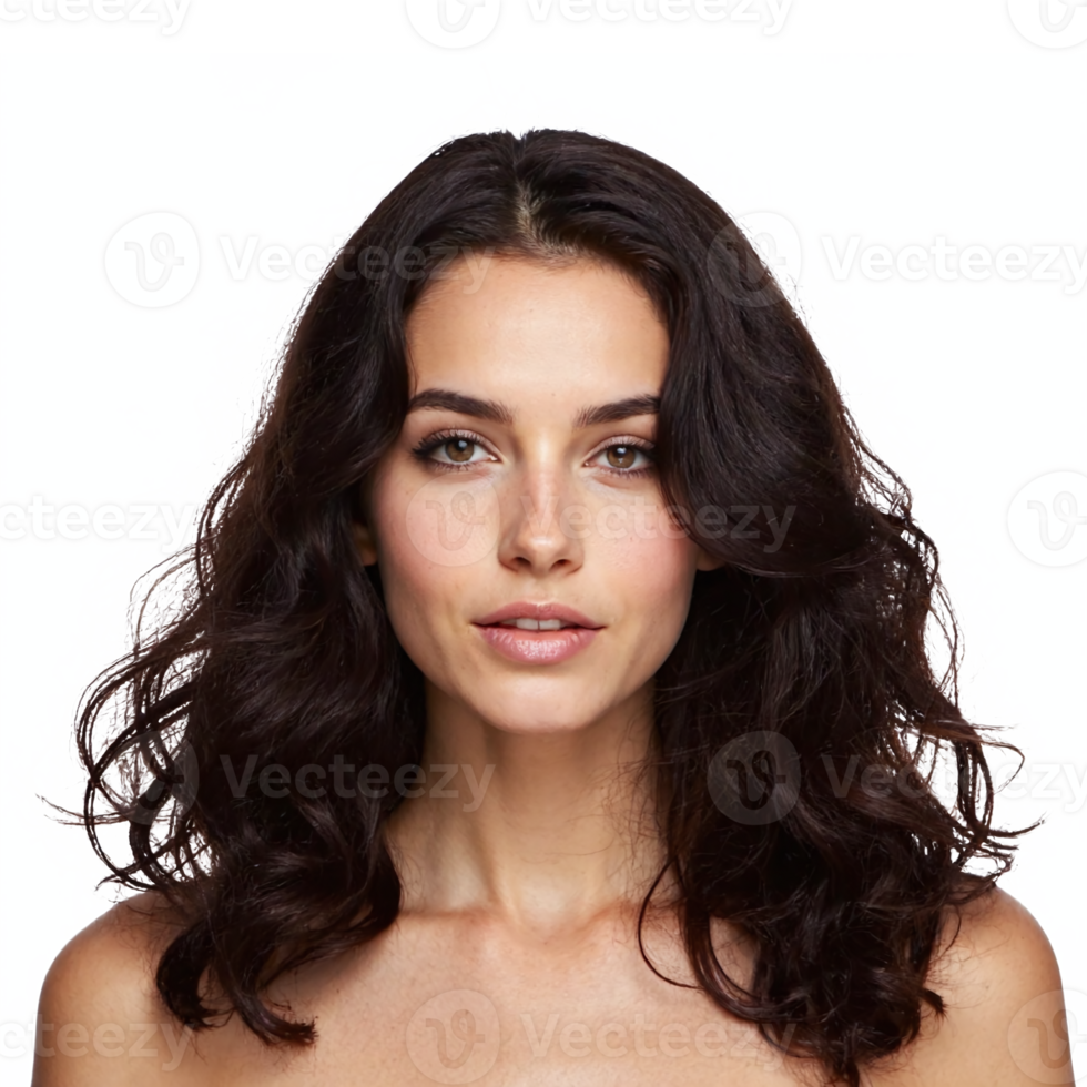 Beautiful Young Woman with Wavy Dark Hair and Natural Makeup Isolated on Transparent Background Clipping Path png