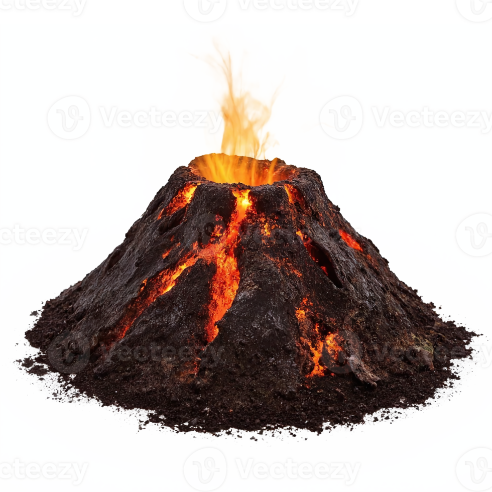 Erupting Volcano with Lava Flow and Flames on Black Background Transparent Clipping Path png