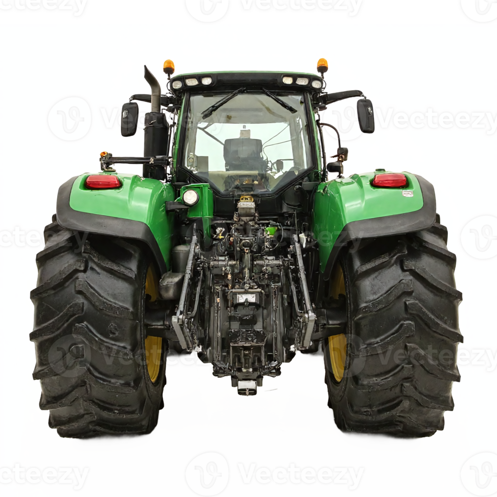 Green Agricultural Tractor Rear View with Large Tires and Cabin Transparent Background png