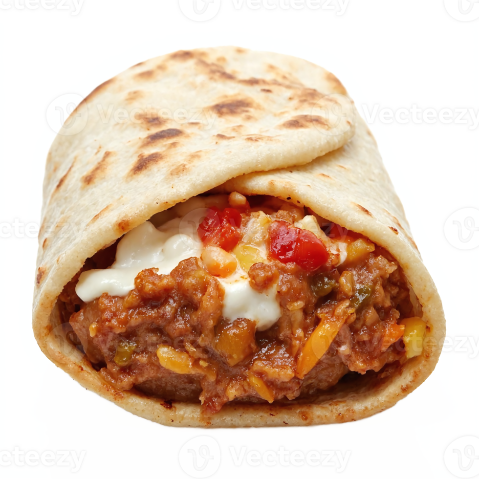 Delicious Beef Chili Wrap with Sour Cream and Vegetables on Flatbread Transparent Background png