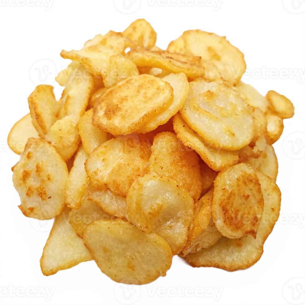 Close up crispy golden fried potato chips isolated on transparent background with clipping path png
