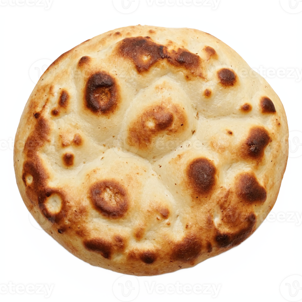 Round Freshly Baked Flatbread with Golden Brown Spots Transparent Background Clipping Path png