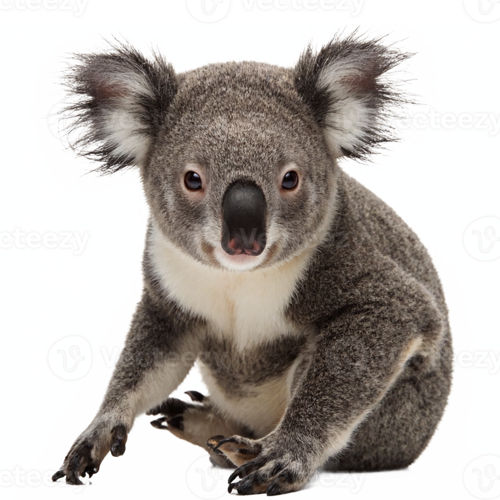 Detailed Close Up of Sitting Koala with Gray Fur White Chest and Black Nose Transparent Background png